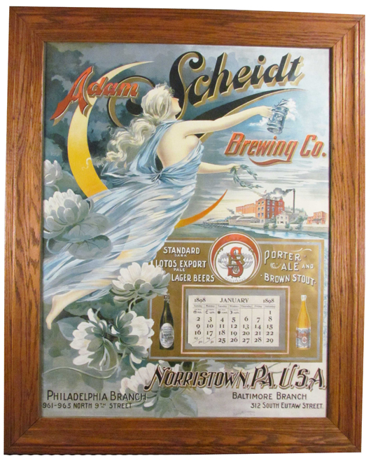 Rare calendar for Adam Scheidt Brewing Co., Norristown, Pa., in excellent condition. Image courtesy Showtime Auction Services.